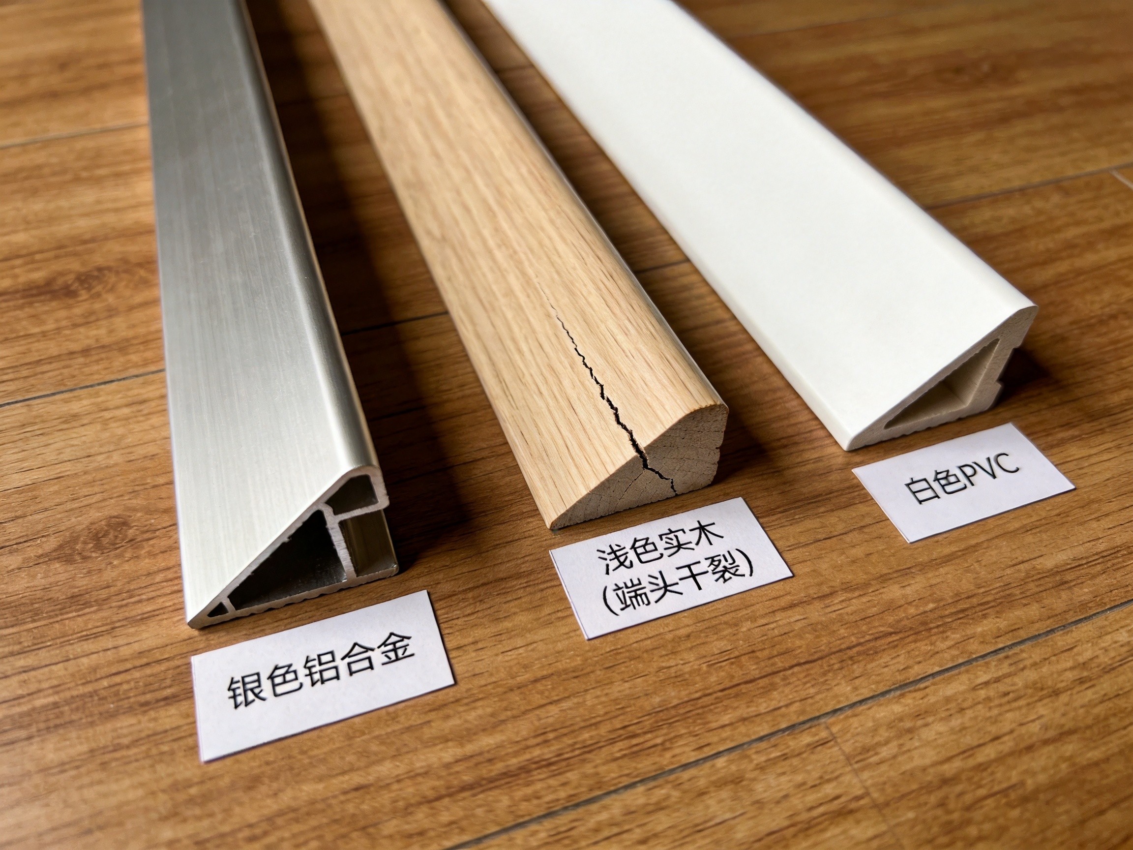 铝合金、实木、PVC三种踢脚线材质对比，实木端头可见干裂纹